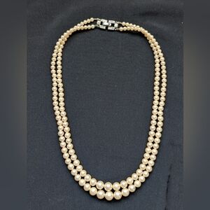Vintage 1950s Trifari Crown Double Strand Faux Pearl Rhinestone Clasp Necklace